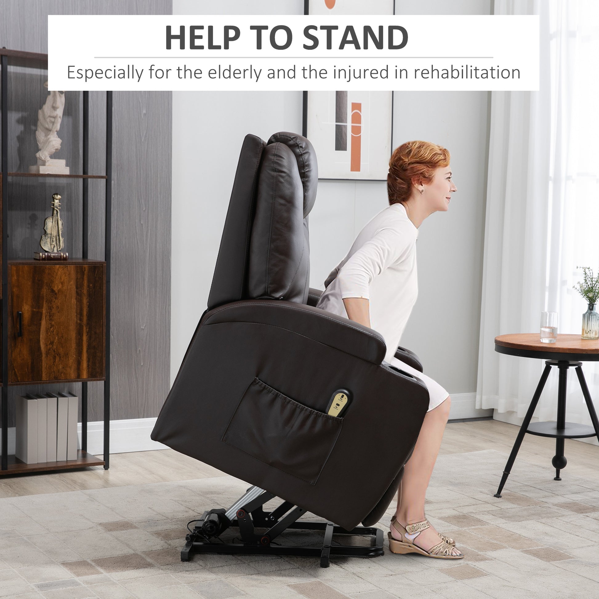 HOMCOM Power Lift Recliner Chair: Elderly Brown PU Leather, Footrest, Remote Control