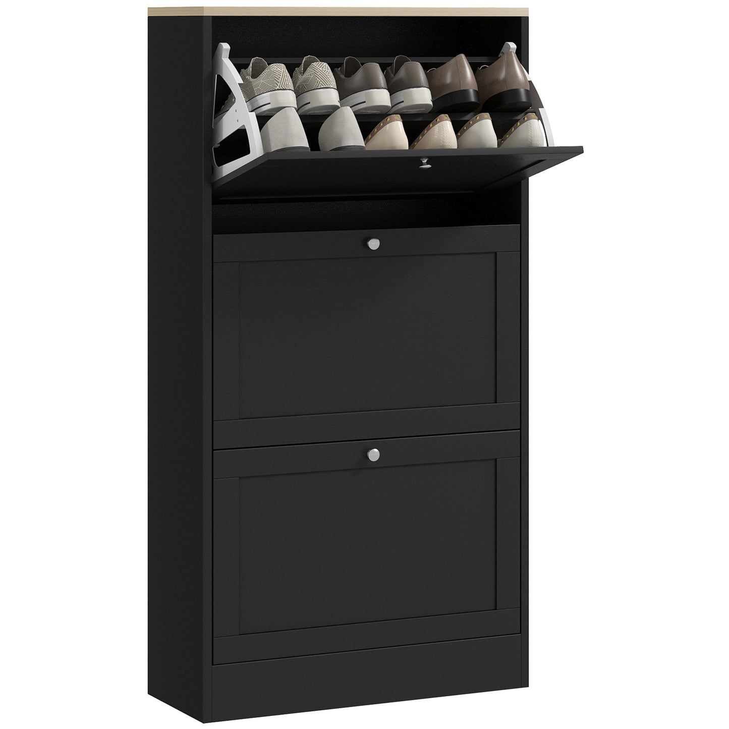 Modern Black Shoe Cabinet: 3 Flip Drawers, Adjustable Storage for 18 Pairs
