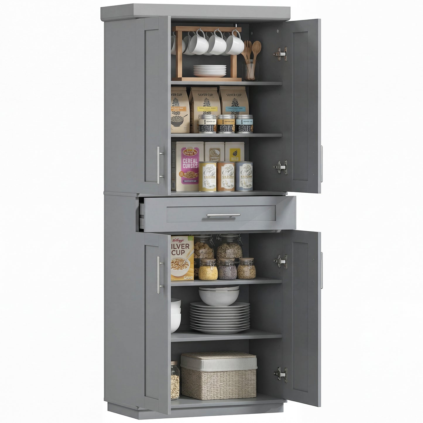 HOMCOM 72" Freestanding Storage Cabinet With 4 Doors Grey