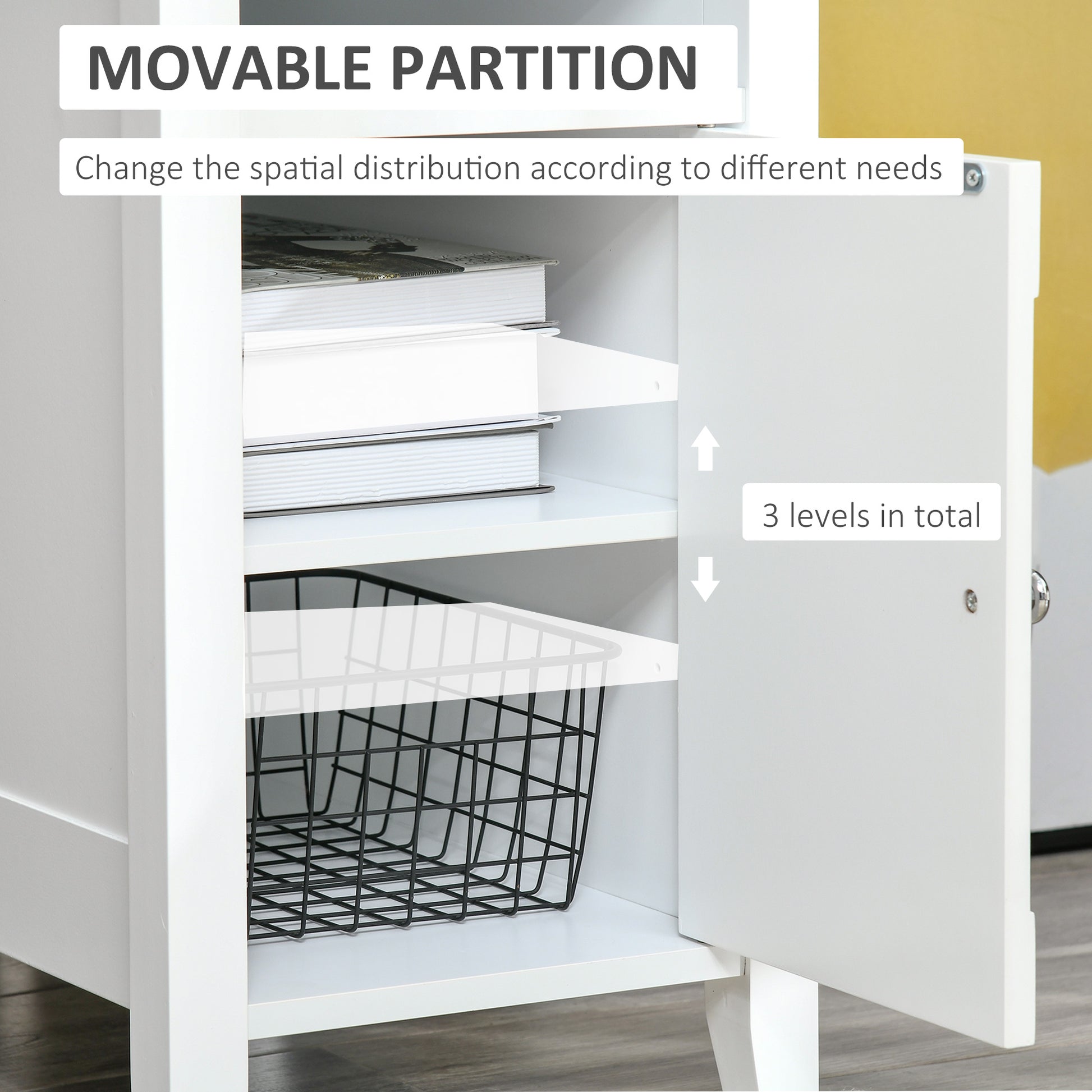 HOMCOM Modern 3-Tier Nightstand with Pullout Shelf, Adjustable Cabinet, White Wood