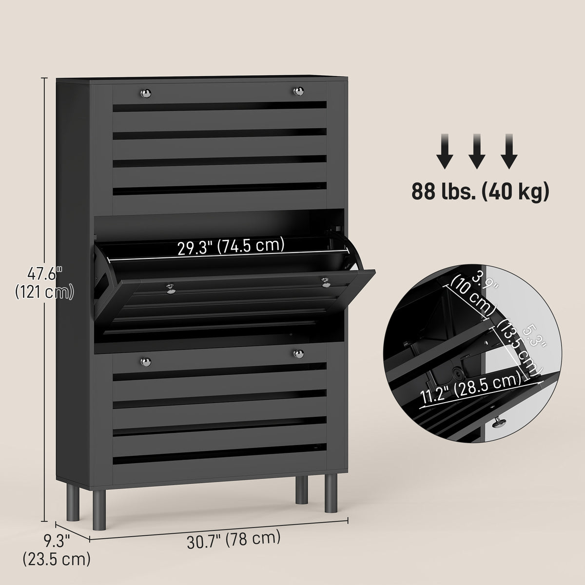 Narrow Shoe Cabinet with 3 Flip Drawers – 31"W x 48"H