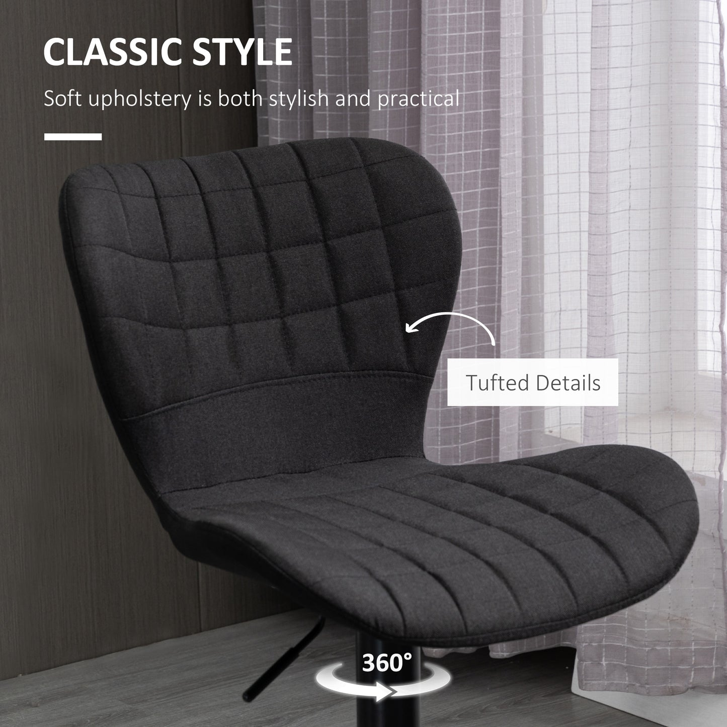 Set of 2 Adjustable Height Swivel Bar Stools, Linen Fabric, Backrest, Footrest, Black