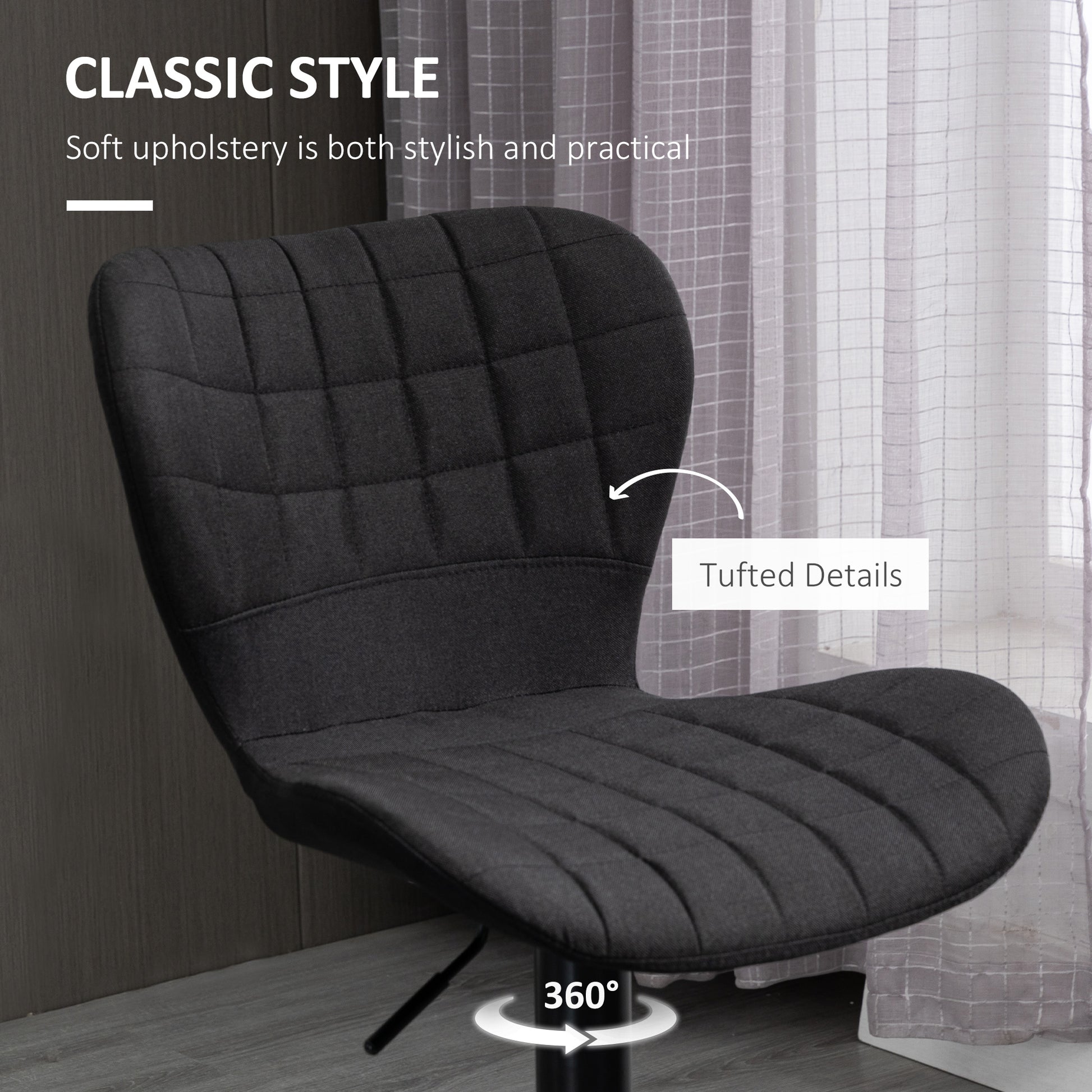 Set of 2 Adjustable Height Swivel Bar Stools, Linen Fabric, Backrest, Footrest, Black