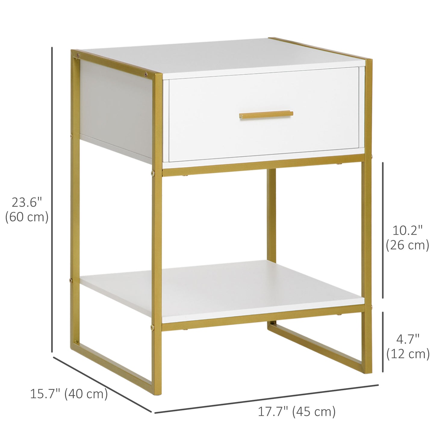 HOMCOM Modern White Gold Nightstand Set with Drawer & Storage Shelf