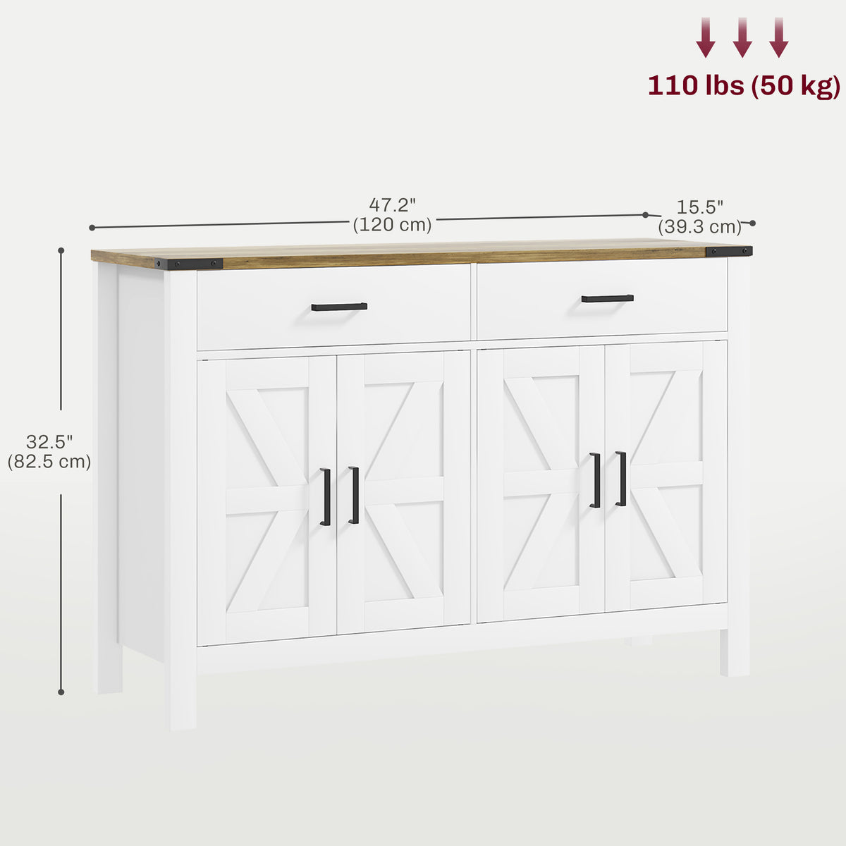 Farmhouse Kitchen Storage Cabinet with 2 Drawers and Shelves – 47"W x 33"H