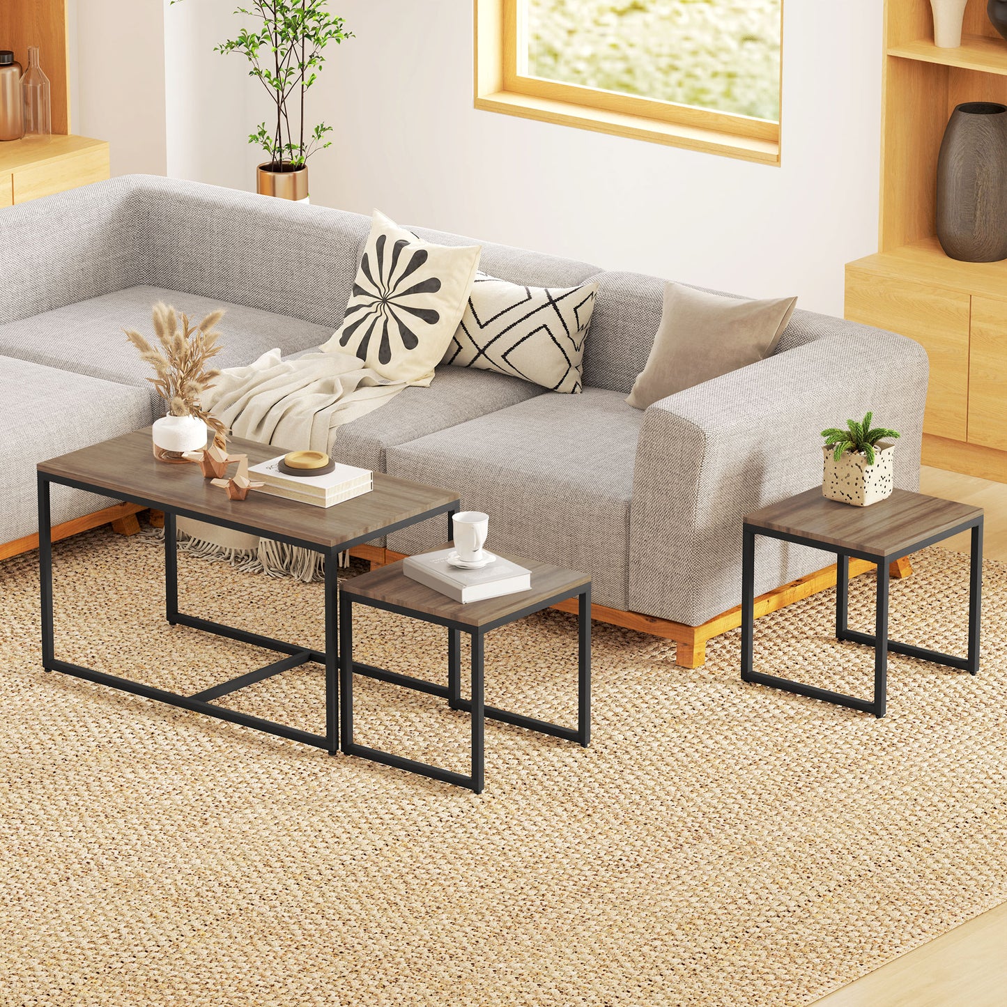 HOMCOM 3-Piece Modern Nesting Coffee & End Tables Set, Brown Wood Grain