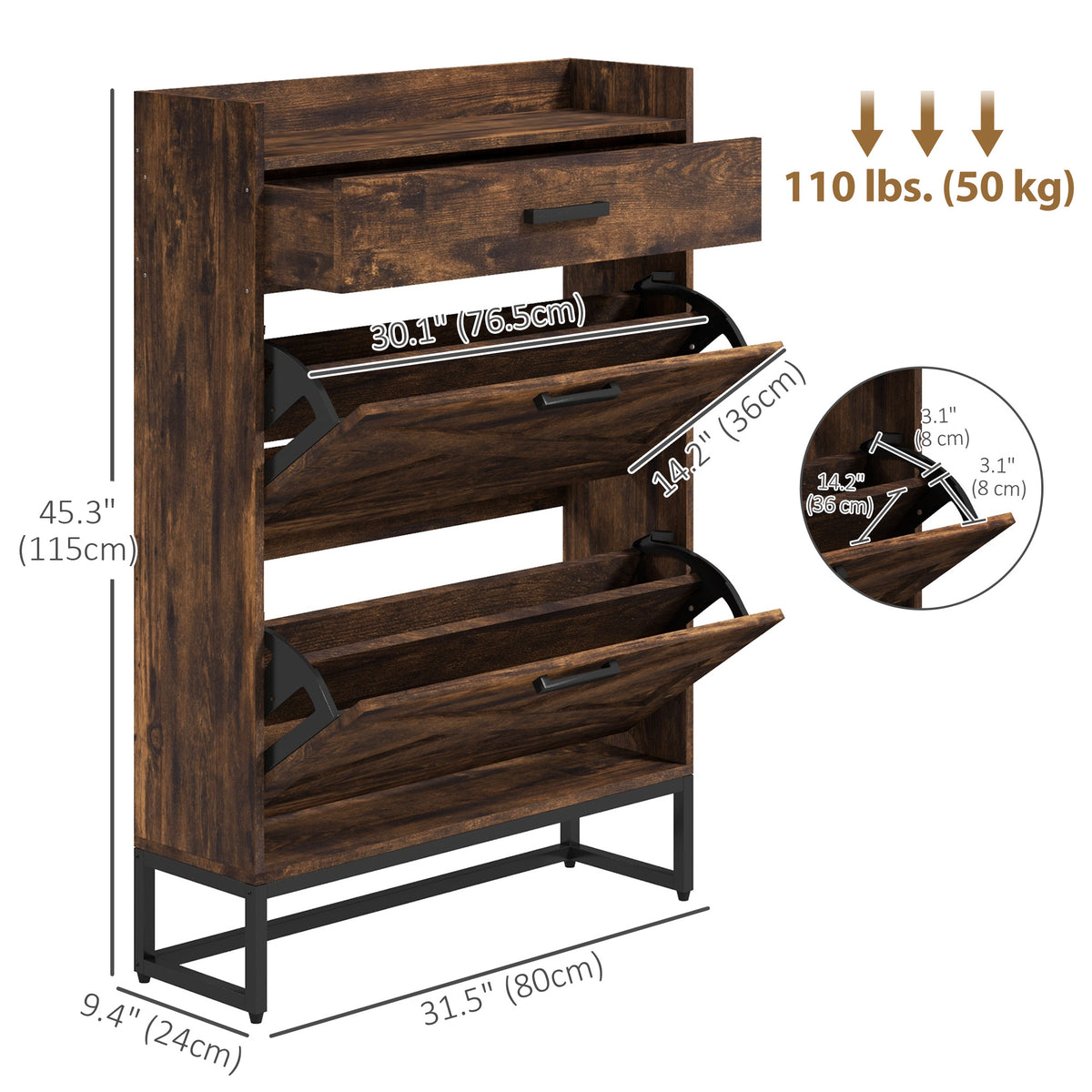 Slim Shoe Storage with 2 Flip Drawers and Adjustable Shelves – 32"W x 45"H