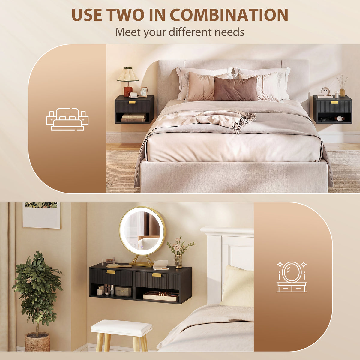 Floating Nightstands with Fluted Drawer, Set of 2 – 16"W x 10"H