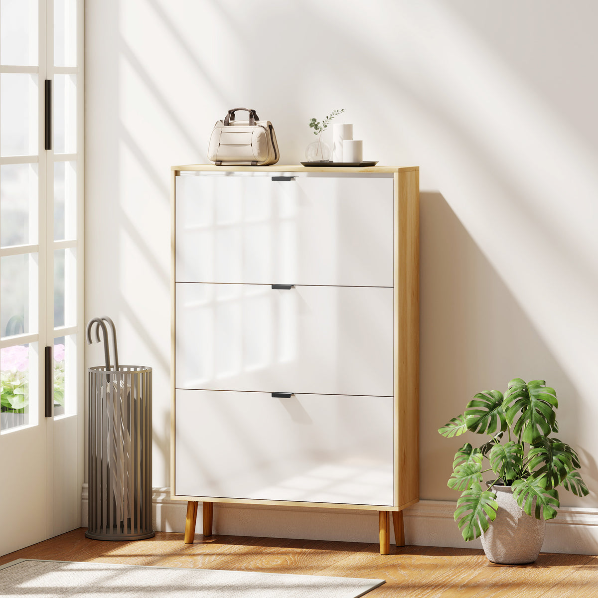 High Gloss Narrow Shoe Cabinet with 3 Flip Drawers – 32"W x 50"H