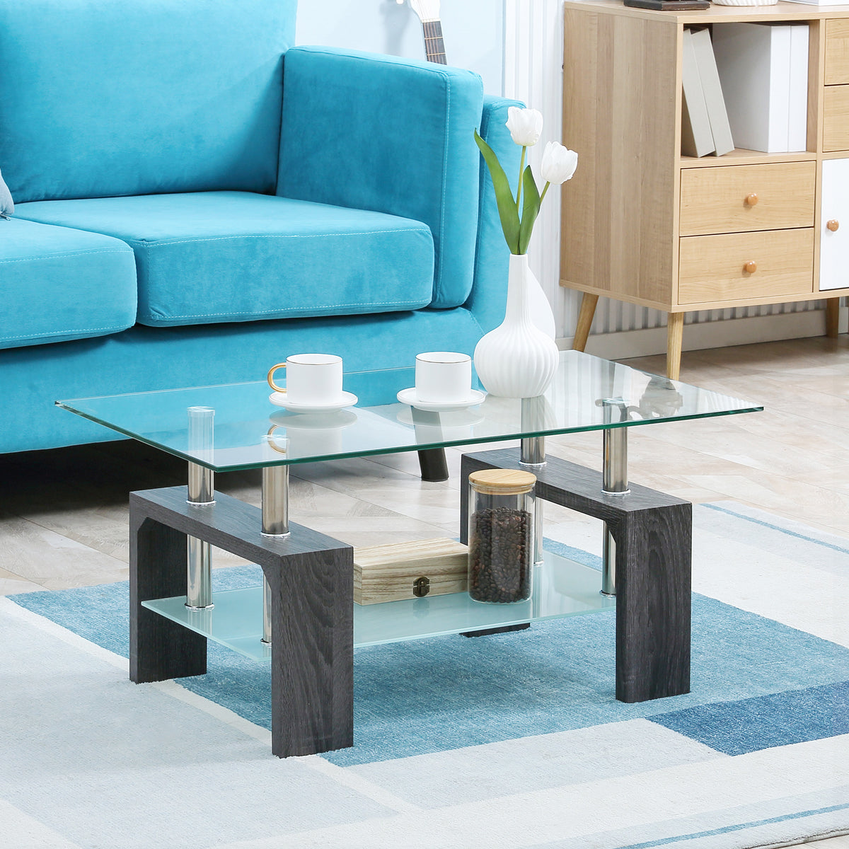 Rectangle Glass-Top Coffee Table with Storage Shelf, Grey
