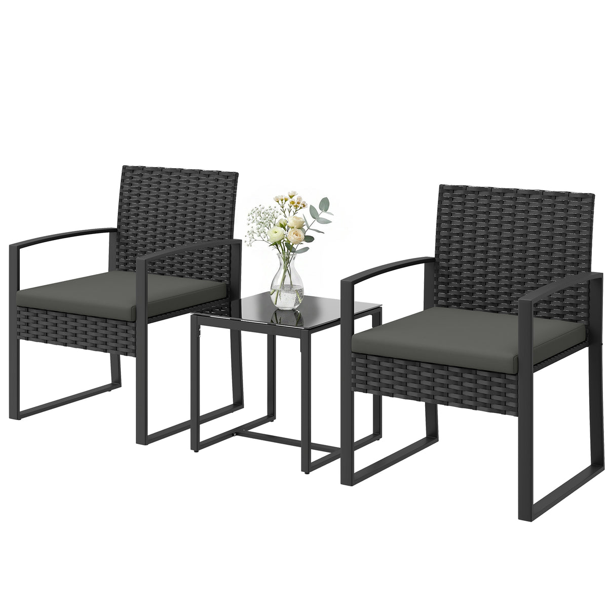 Outdoor Bistro Set, 3 Piece Wicker Patio Furniture Set with Glass Top Table and Cushions for Porch, Balcony – Dark Grey