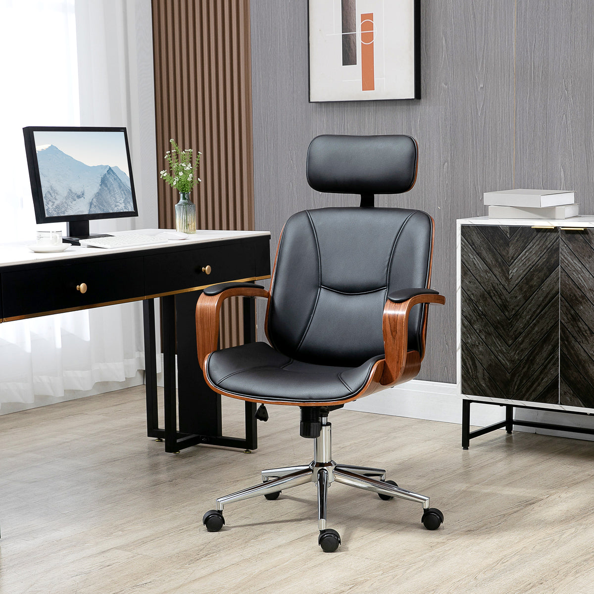 Office Chair, PU Leather Desk Chair with Removable Headrest, Adjustable Height, Black