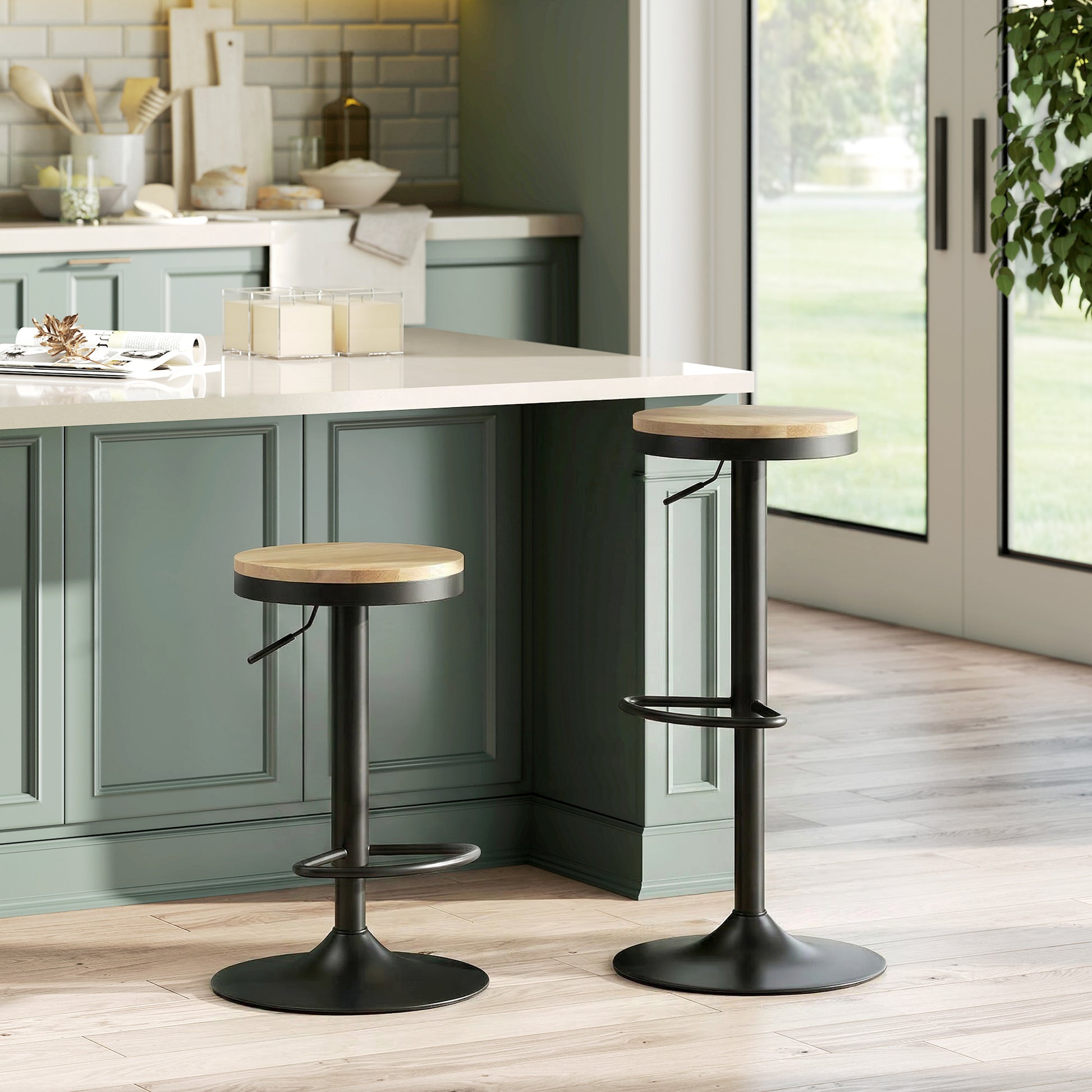 HOMCOM Barstools Set 2 Swivel Adjustable Height Natural Wood Black