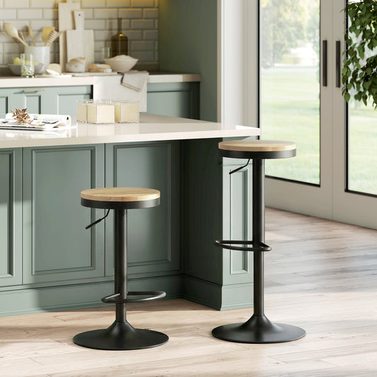 HOMCOM Barstools Set 2 Swivel Adjustable Height Natural Wood Black