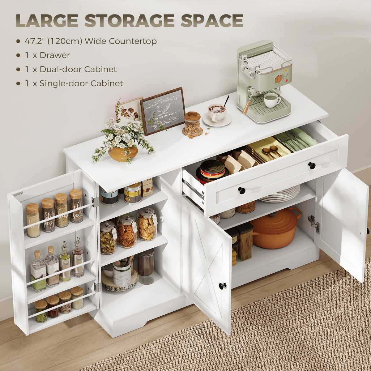 Farmhouse Sideboard with Barn Doors and Door Shelves – 47"W x 33"H