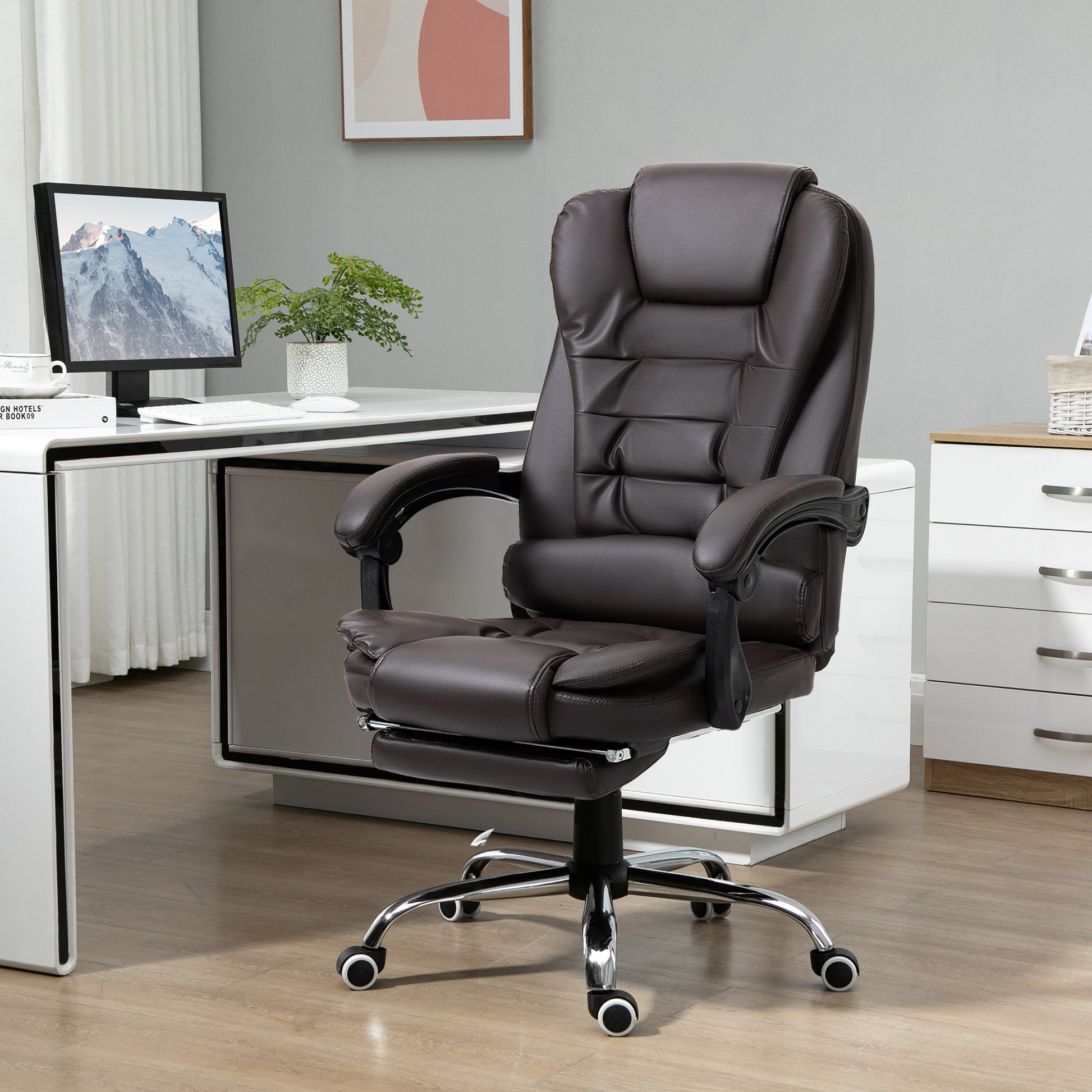 HOMCOM High Back PU Leather Executive Office Chair with Retractable Footrest