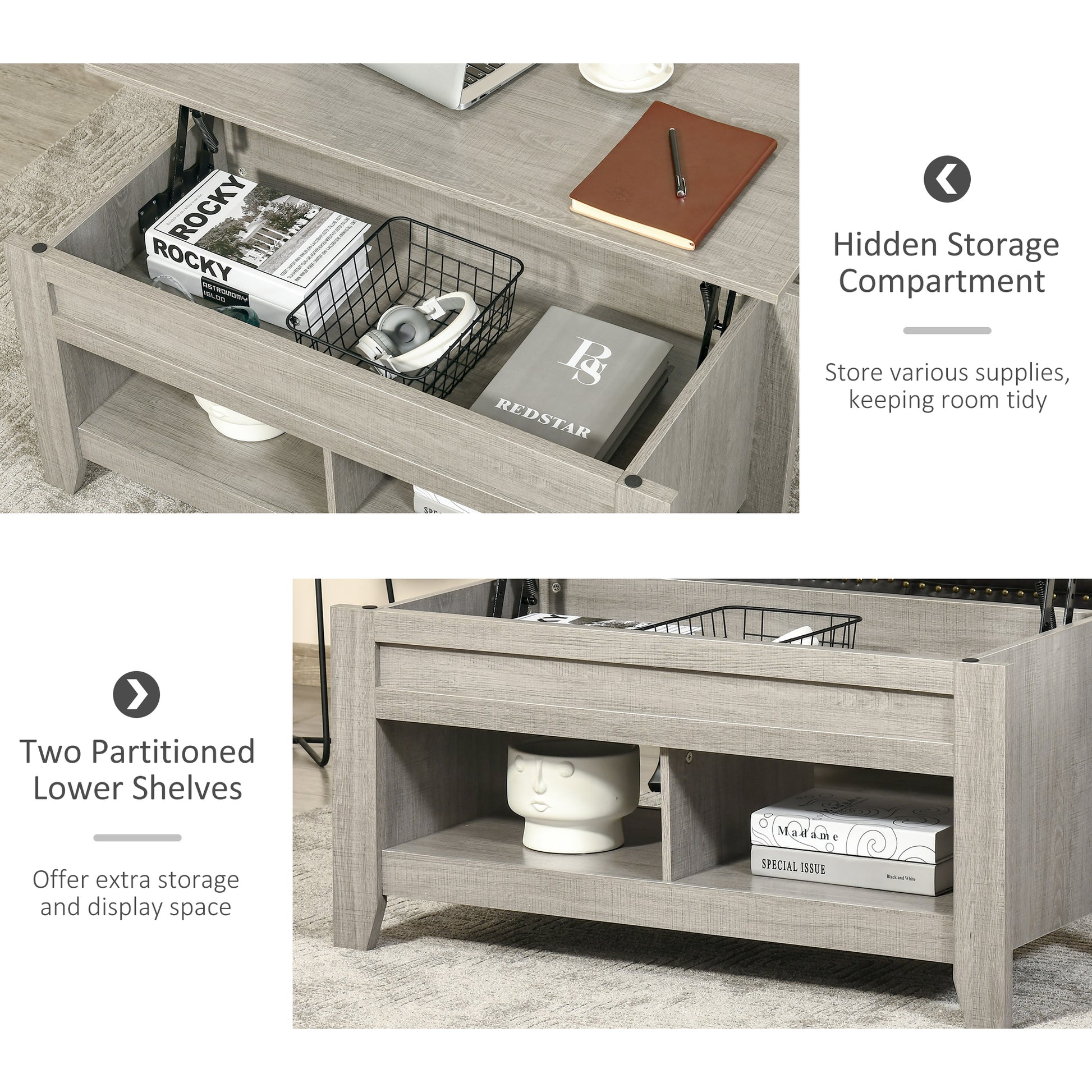 HOMCOM Lift Top Coffee Table: Hidden Storage, Open Shelves, Pop-Up Work Surface