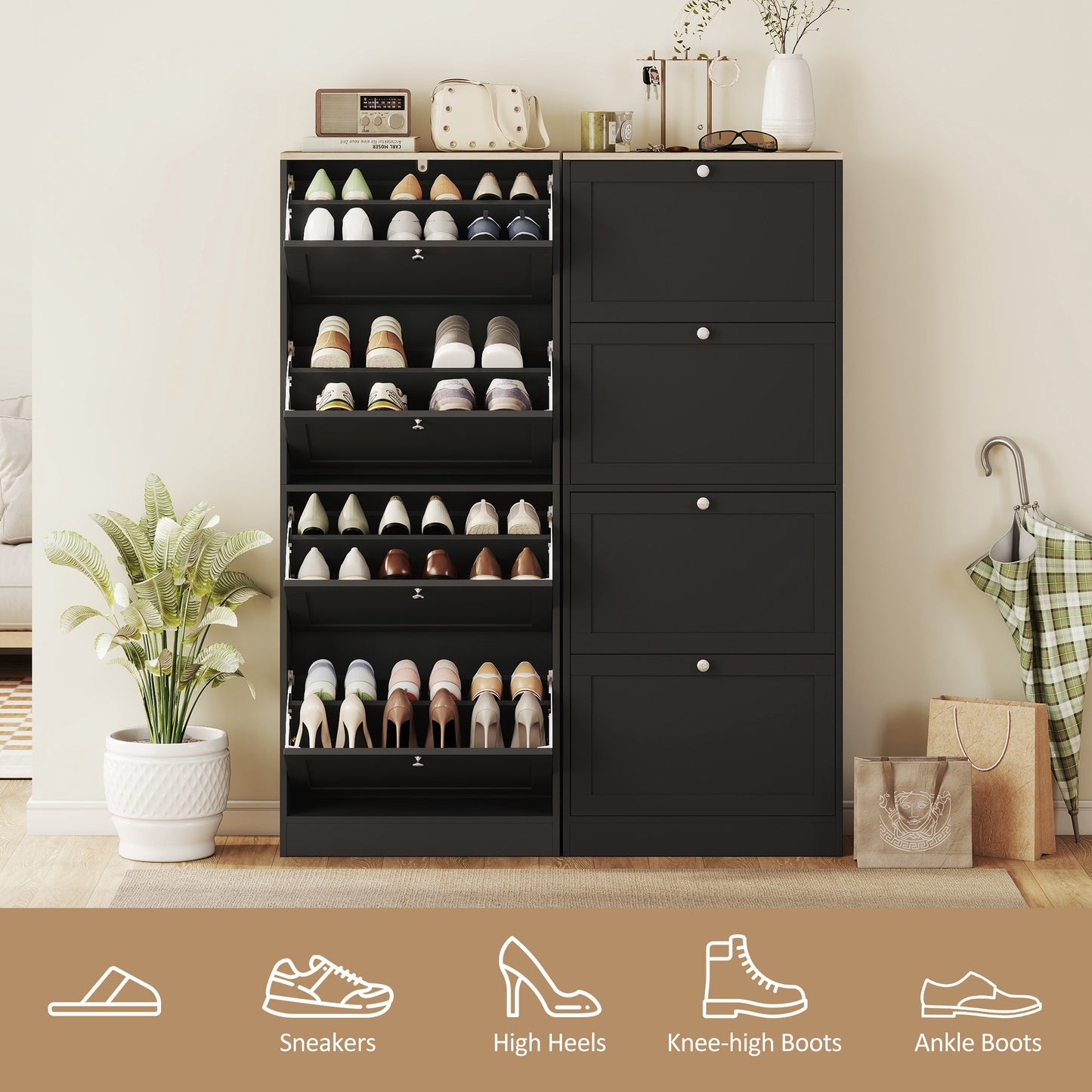 Space-Saving Black Shoe Cabinet: 4 Flip Drawers, Adjustable Shelves, 18-24 Pairs