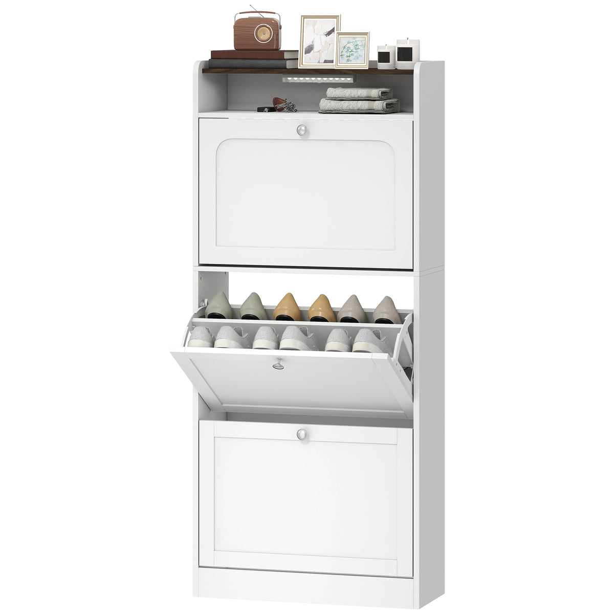 Shoe Cabinet with 3 Flip Drawers and Sensor Light – 24"W x 54"H