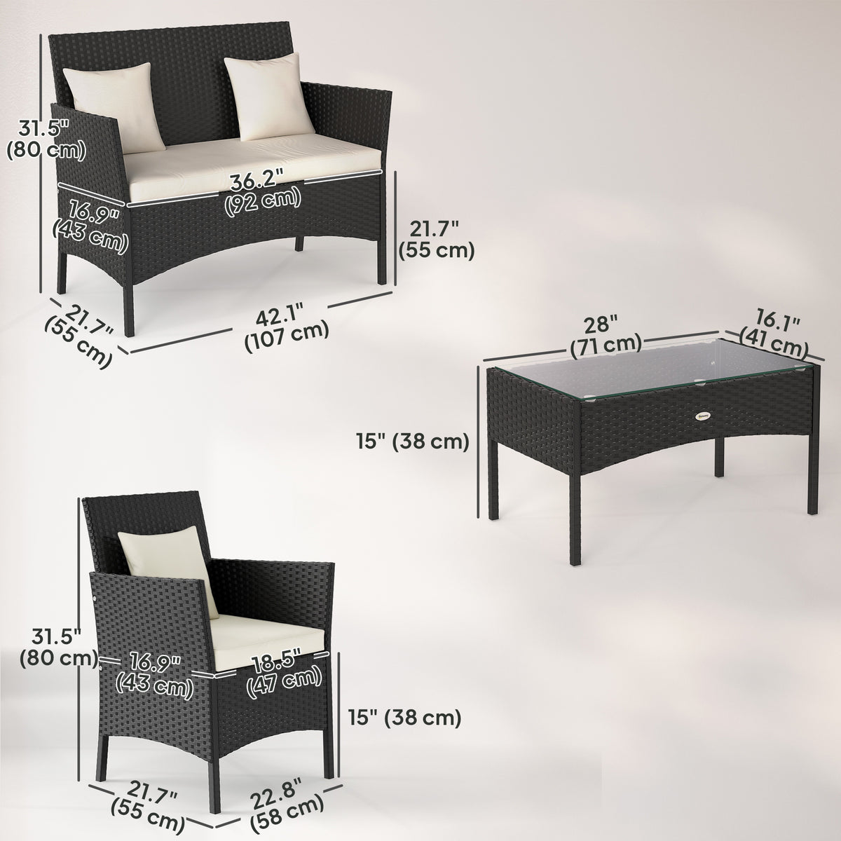 4-Piece Rattan Outdoor Furniture Set Patio Furniture Set with Coffee Table 22.8" W x 21.7" D x 33.5" H Black &