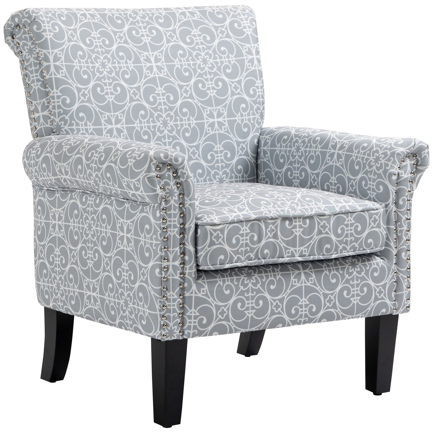 HOMCOM Modern Grey Linen Accent Chair, Rolled Arms, Nailhead Trim, Rubberwood Legs