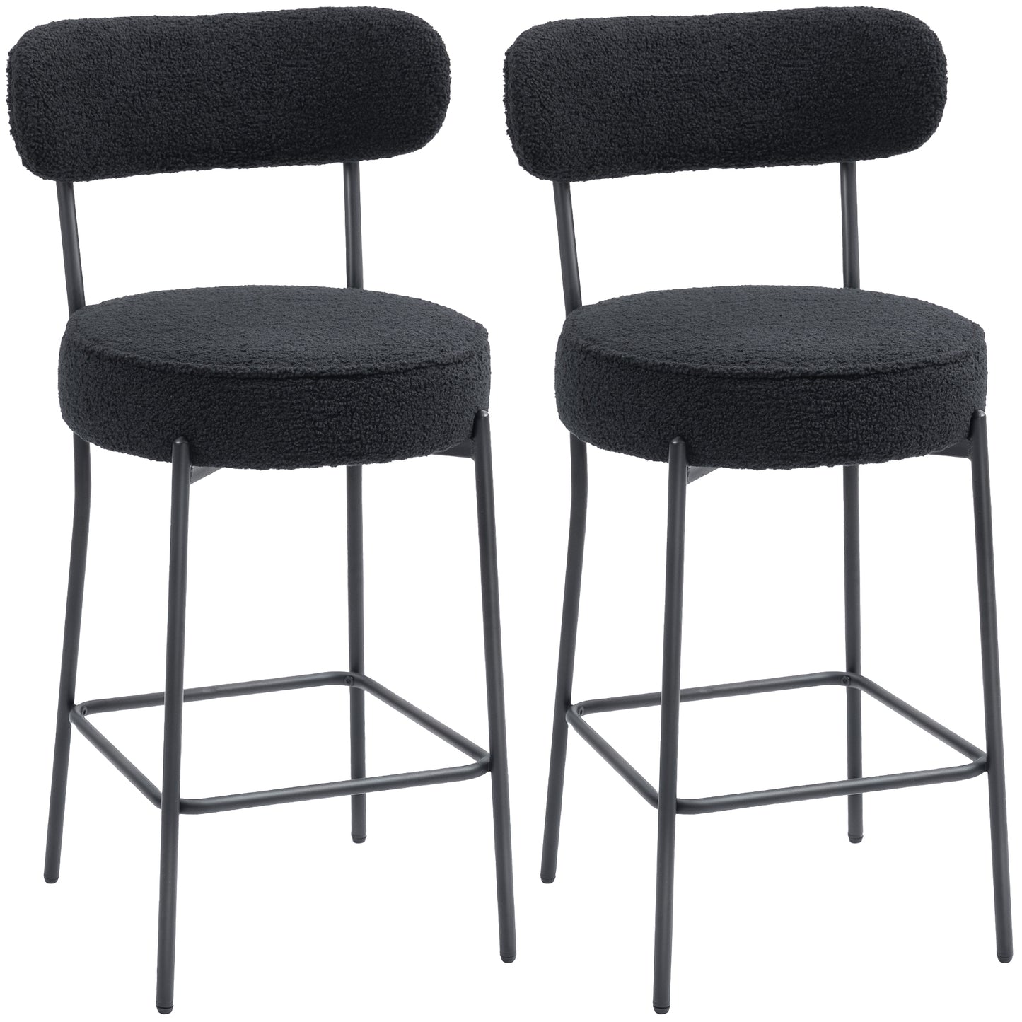 HOMCOM Set of 2 Modern Black Sherpa Bar Stools - Backrest, Footrest, Upholstered Comfort