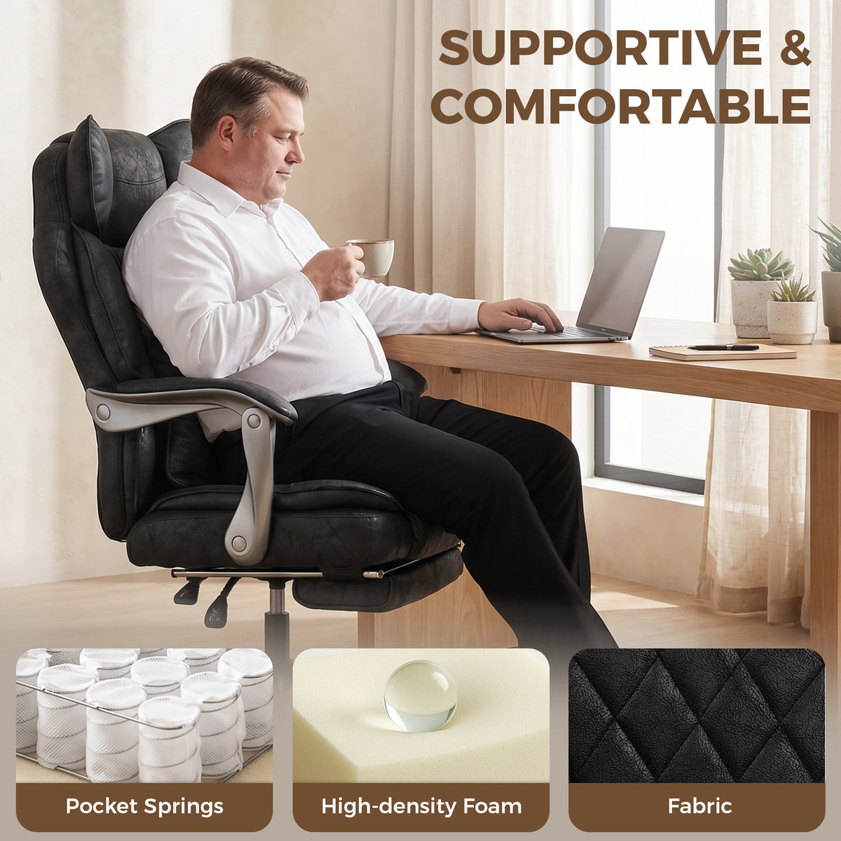 Executive Office Chair, Leathaire Big and Tall Office Chair 400 lbs with Wide Seat, Black