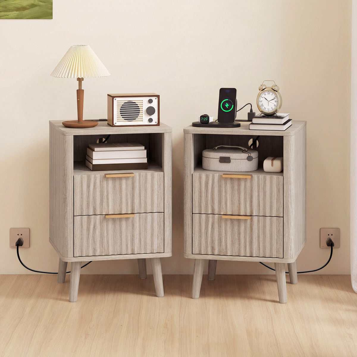 Nightstands with Charging Station, 2 Drawers and Shelf, Set of 2 – 16"W x 24"H