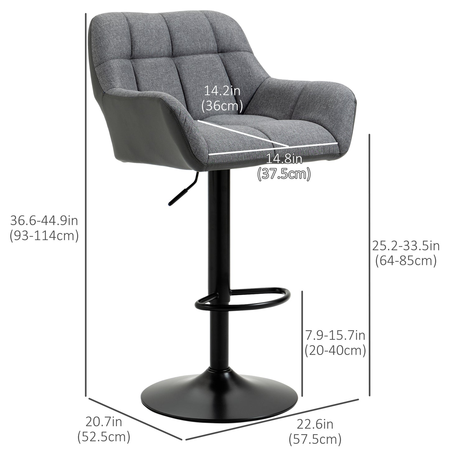 HOMCOM Modern Adjustable Swivel Bar Stools Set, Tufted Fabric, Armrests, Footrest, Grey