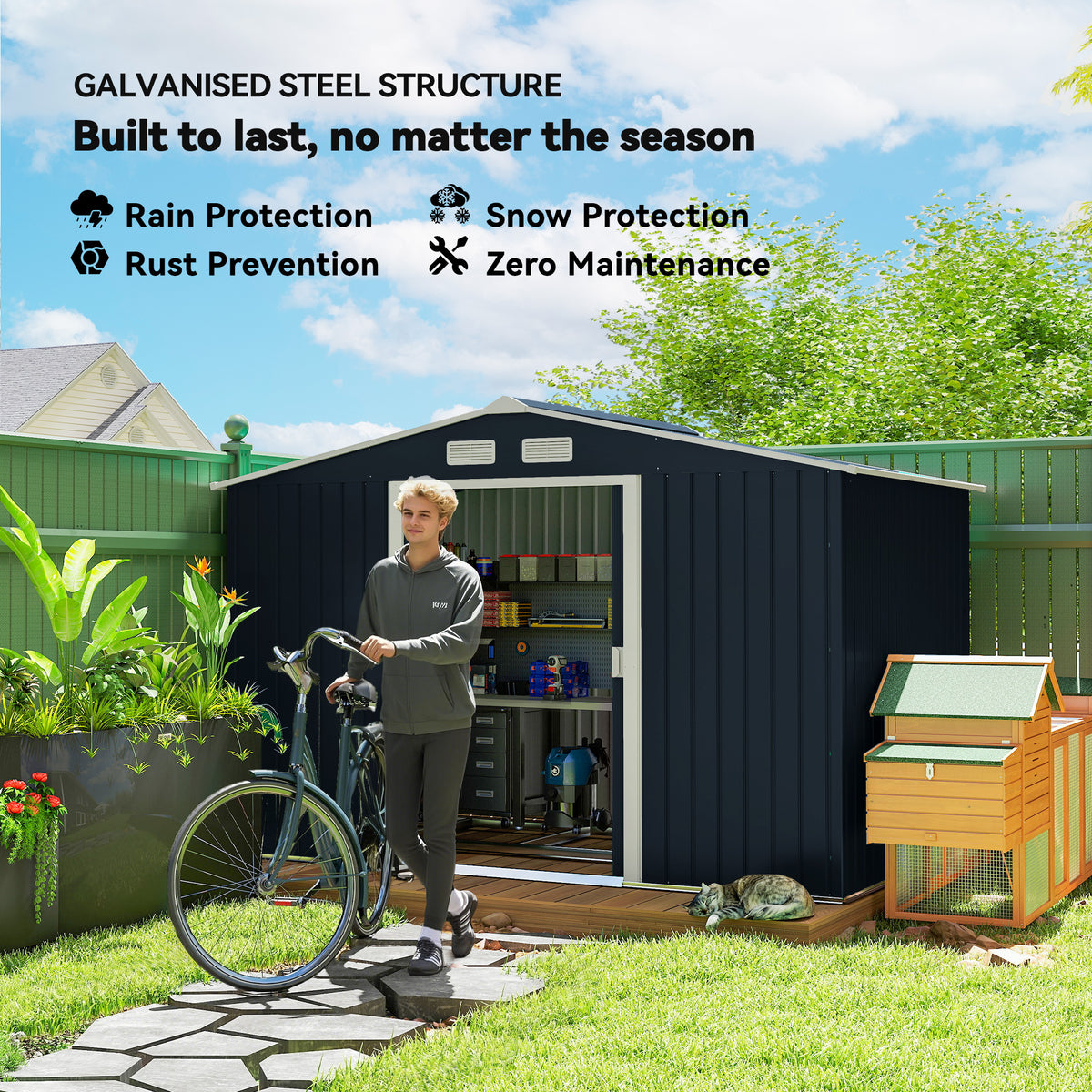 9.1'x6.4'x6.3' Garden Storage Shed, Outdoor Storage Tool House with Vents, Foundation and Lockable Double Doors – Dark Grey