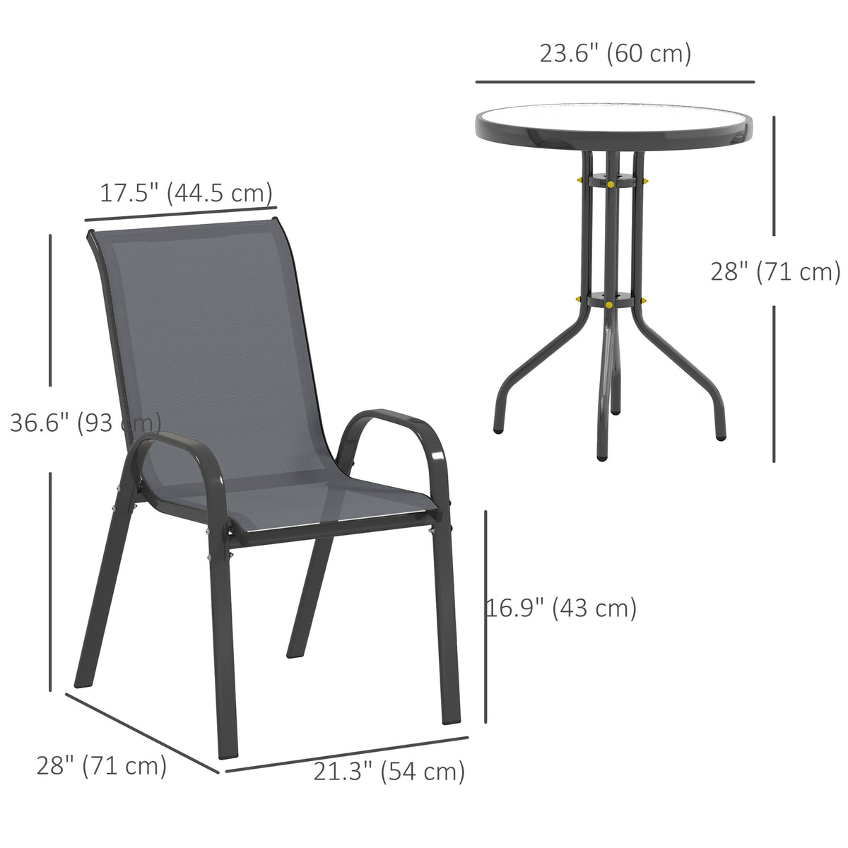 3 Pieces Bistro Set, Small Patio Furniture Set with Stackable Mesh Chairs, Glass Table for Garden, Balcony – Dark Grey