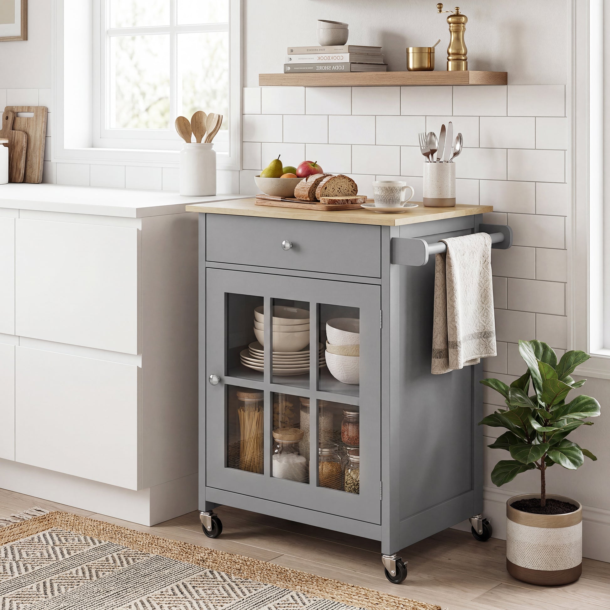 HOMCOM Rolling Kitchen Cart Drawer and Glass Door, Dark Grey