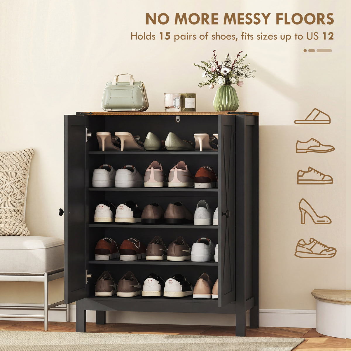 Shoe Cabinet with Barn Doors – 30"W x 39"H