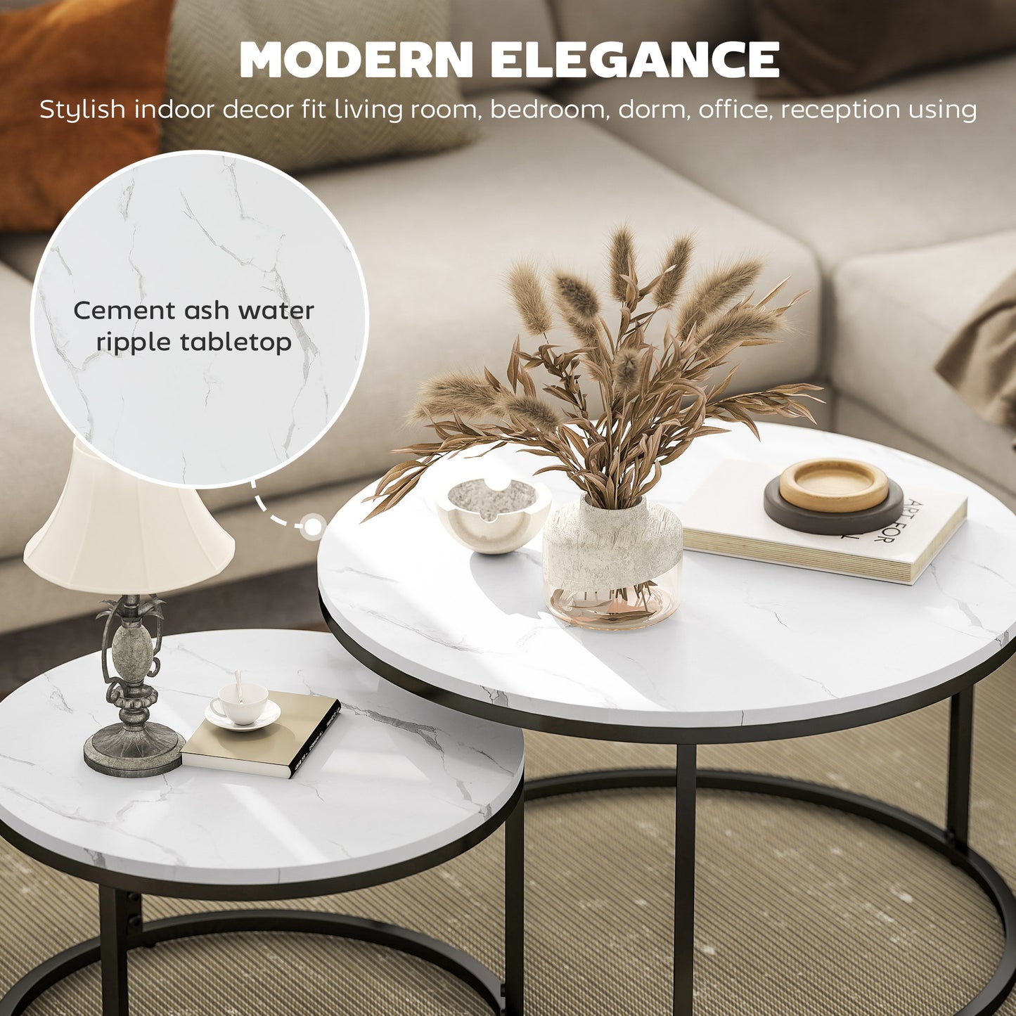 HOMCOM Modern 2-Piece Nesting Round Coffee Table Set, Metal Base