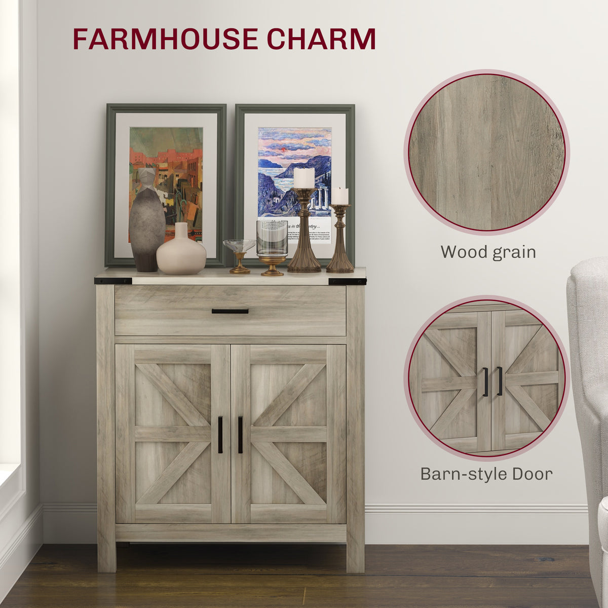 Farmhouse Kitchen Storage Cabinet with Drawer and Shelf – 31"W x 33"H