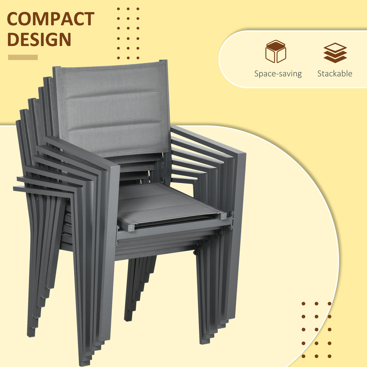 Patio Dining Set for 6, Aluminum Expandable Outdoor Table and 6 Stackable Chairs with Padded Back, Mesh Seat – Dark Grey