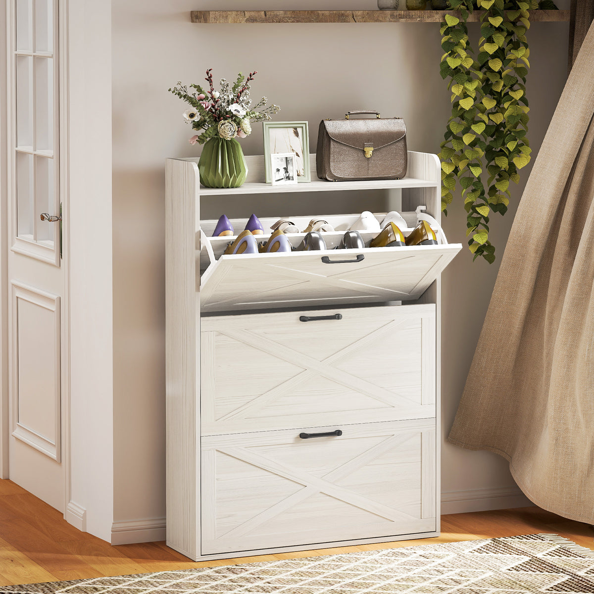 Farmhouse Shoe Cabinet with 3 Flip Drawers – 31"W x 49"H