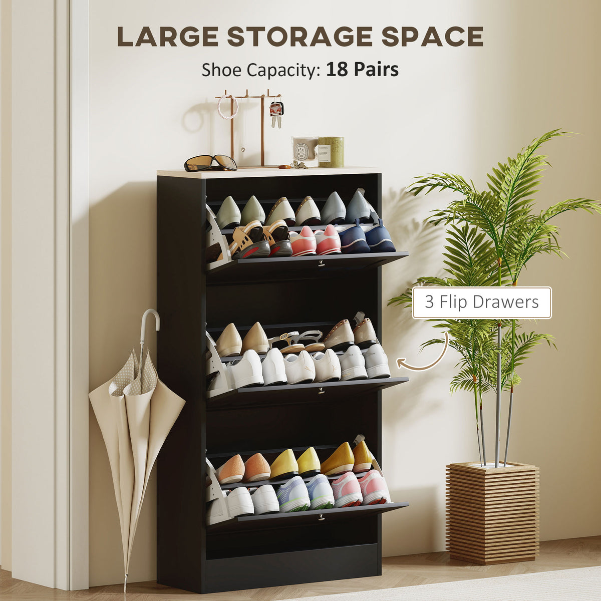 Modern Shoe Storage with 3 Flip Drawers and Adjustable Shelves – 24"W x 45"H