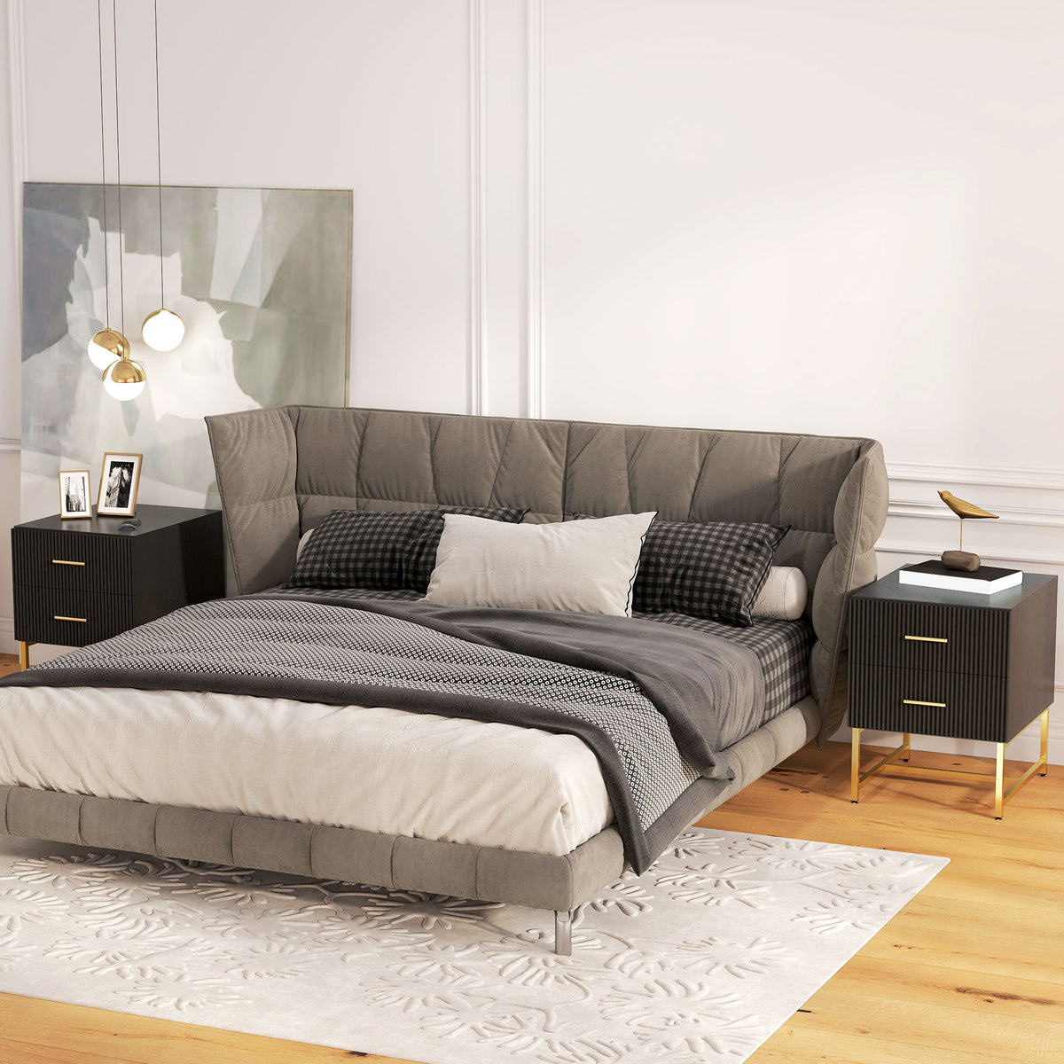 Fluted 2-Drawer Nightstands with Gold Legs, Set of 2 – 16"W x 19"H