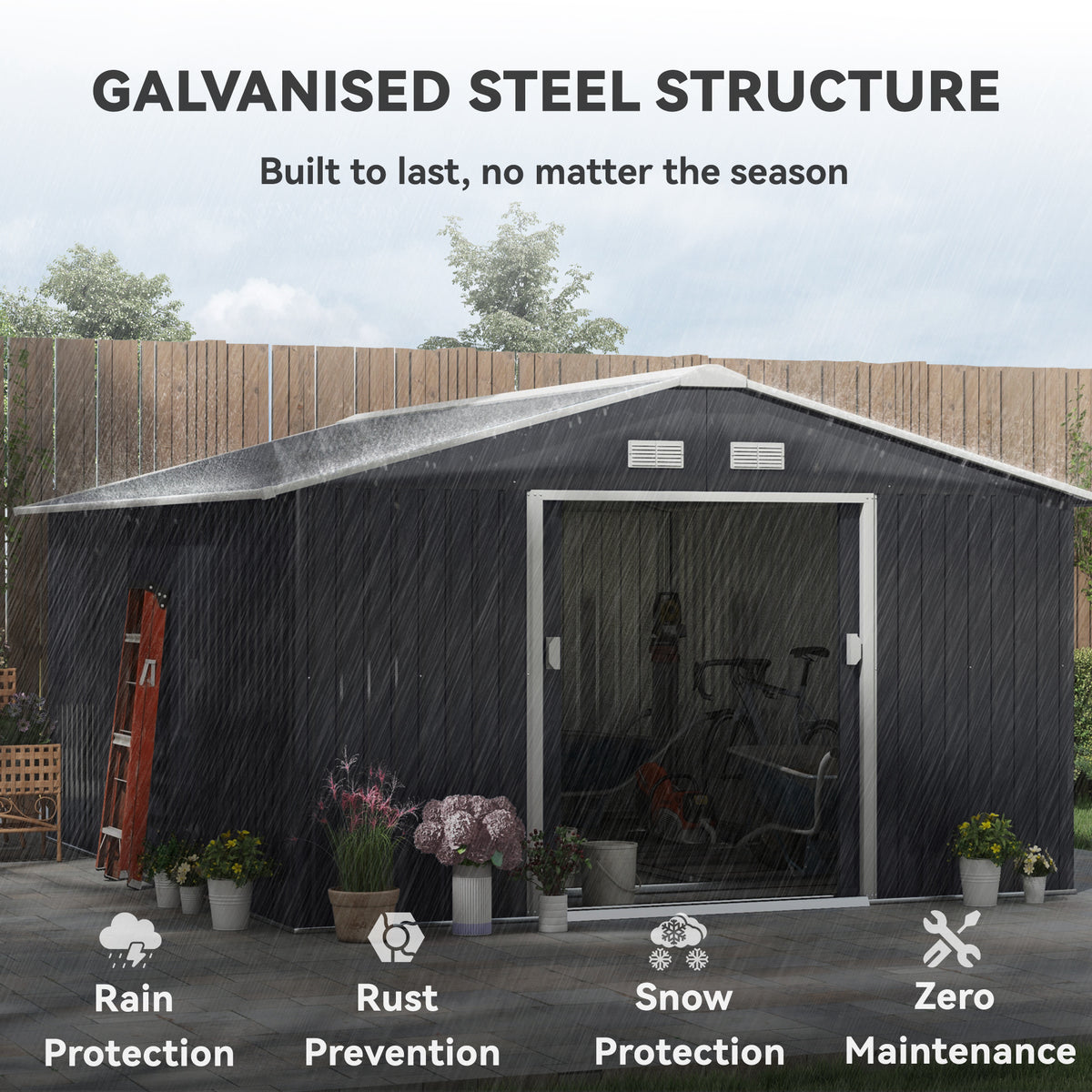 11' x 13'Garden Storage Shed w/ Foundation Kit Metal Tool Storage House w/ Double Doors – Grey