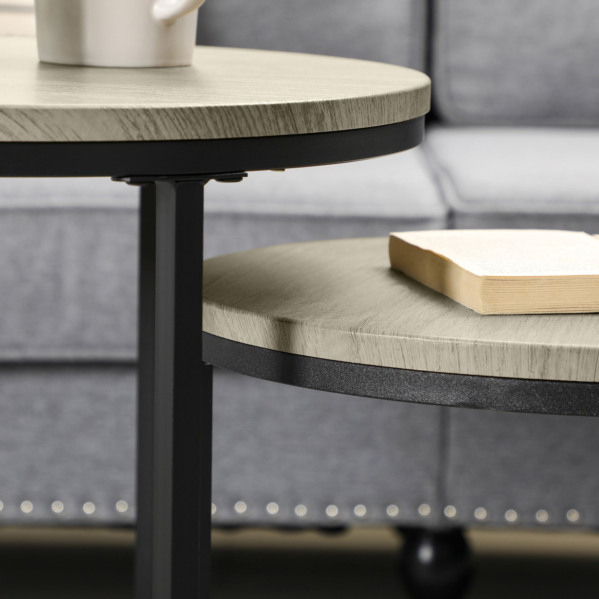 HOMCOM Modern 3-Piece Round Nesting Coffee Tables, Grey Wood Grain Design