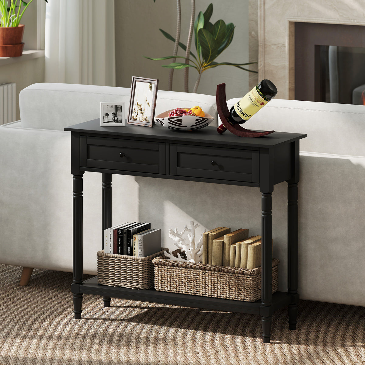Hallway Console Table with 2 Drawers, Black