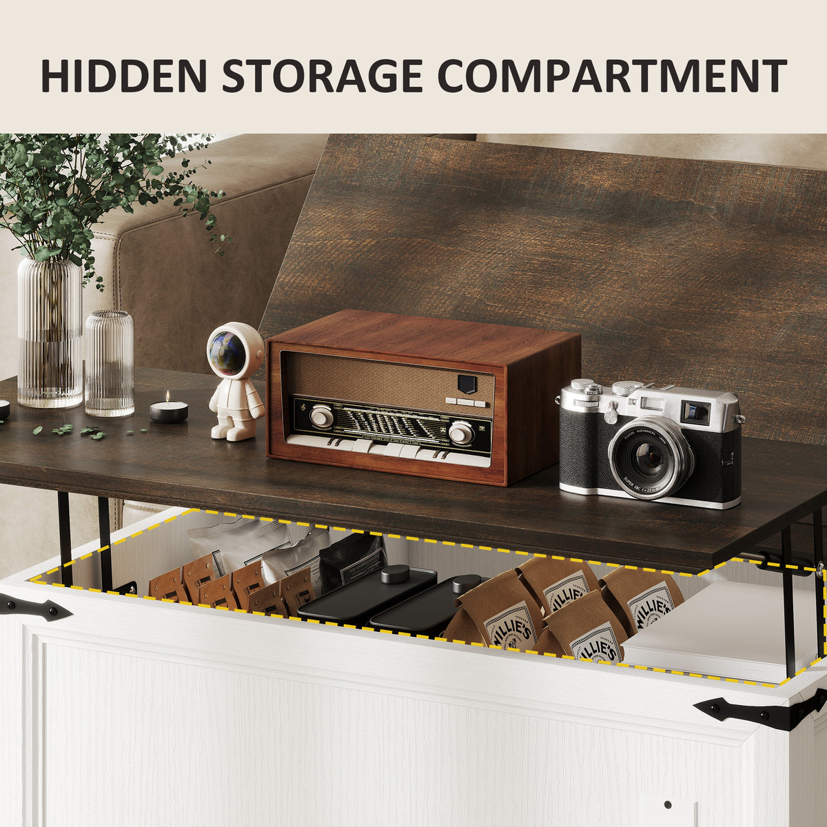 Square Lift-Top Coffee Table with Charging Station and Hidden Storage