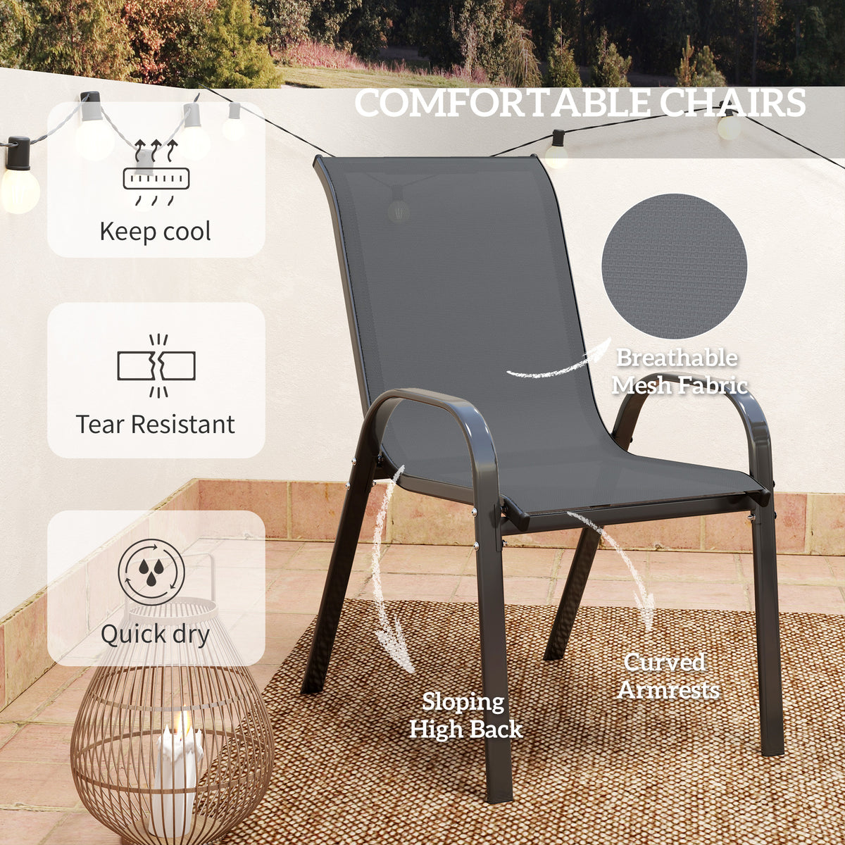 3 Pieces Bistro Set, Small Patio Furniture Set with Stackable Mesh Chairs, Glass Table for Garden, Balcony – Dark Grey