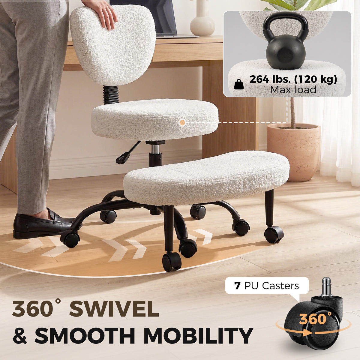 Ergonomic Cross Legged Office Chair with Removable Footrest, Cream
