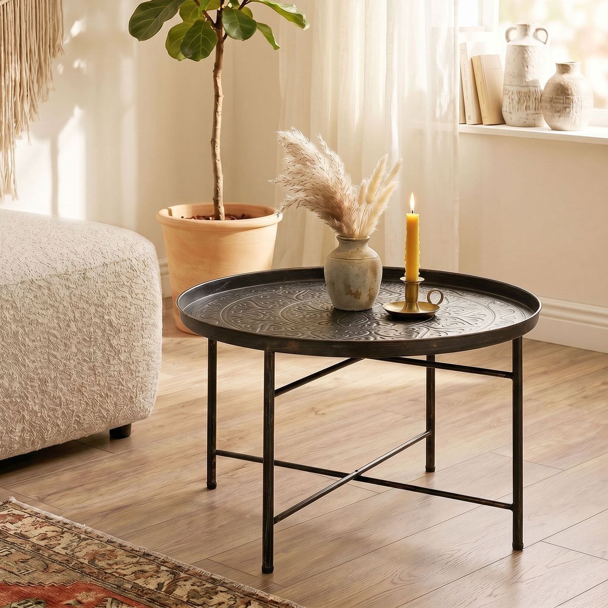 24" Round Vintage Coffee Table with Hammered Flower Tray Top, Pewter