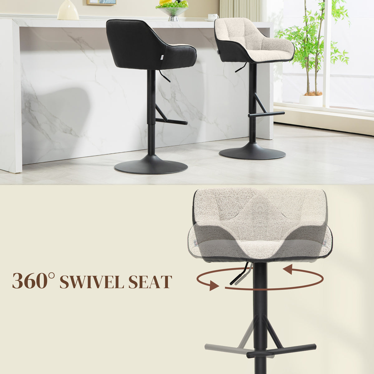 Linen-Look Swivel Bar Stools with Back, Armrests and Footrest, Set of 2