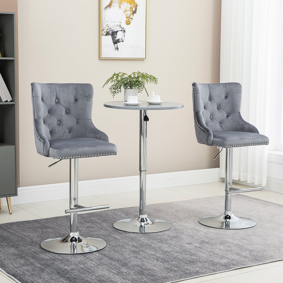 Button-Tufted Velvet Wingback Swivel Bar Stools with Nailhead Trim, Set of 2, Grey