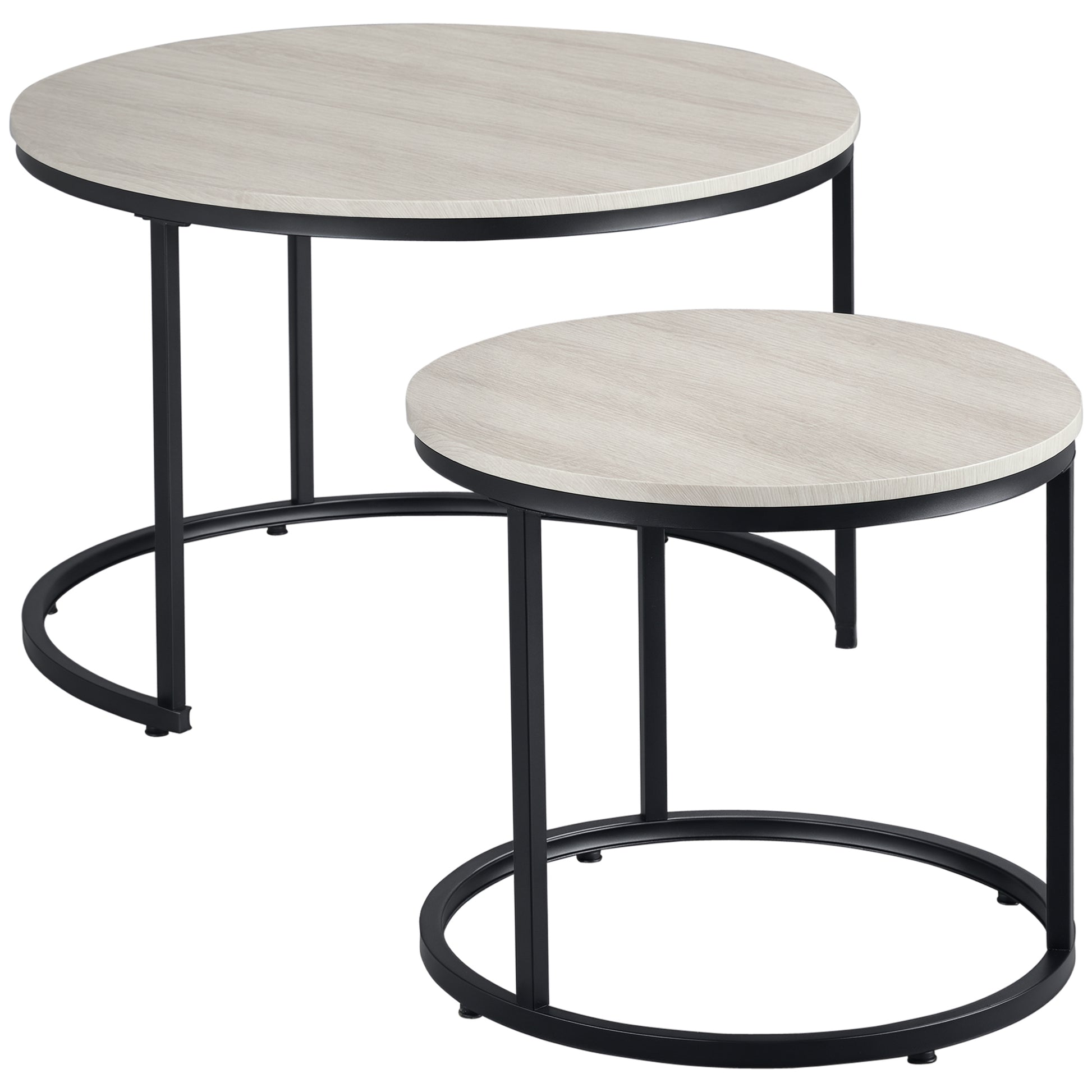 HOMCOM Modern Round Nesting Coffee Tables Set, Metal Frame, Grey Wood Grain