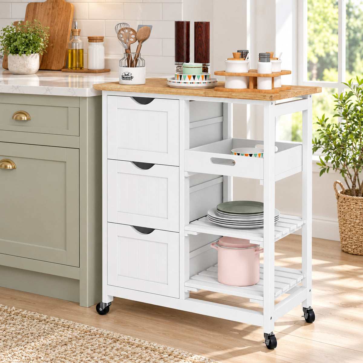 Rolling Kitchen Island Cart with Wood Top – 26"W x 34"H
